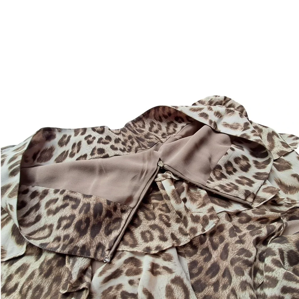 Talbots Leopard Print Tiered Ruffle Mini Skirt Brown Tan Petites 14P Zipper Back